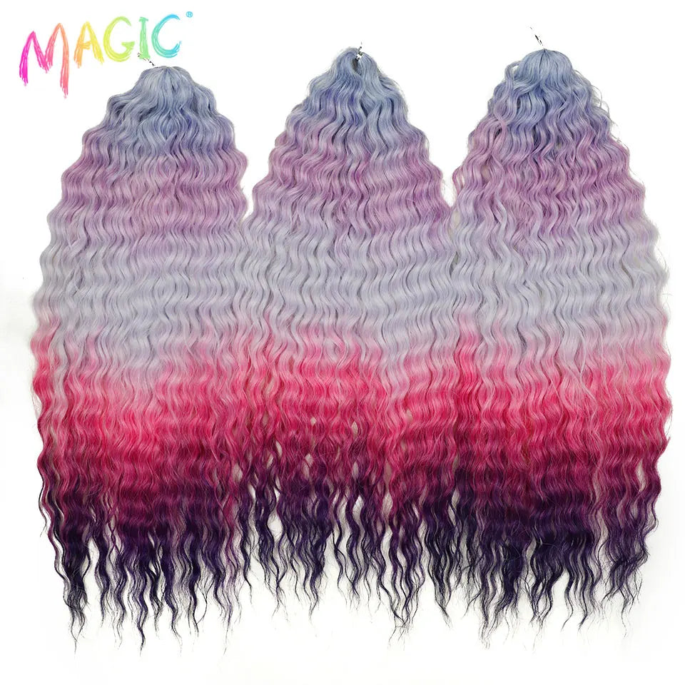 Synthetic ombre curl crochet braids, wavy texture in light blue to pink to deep purple ends