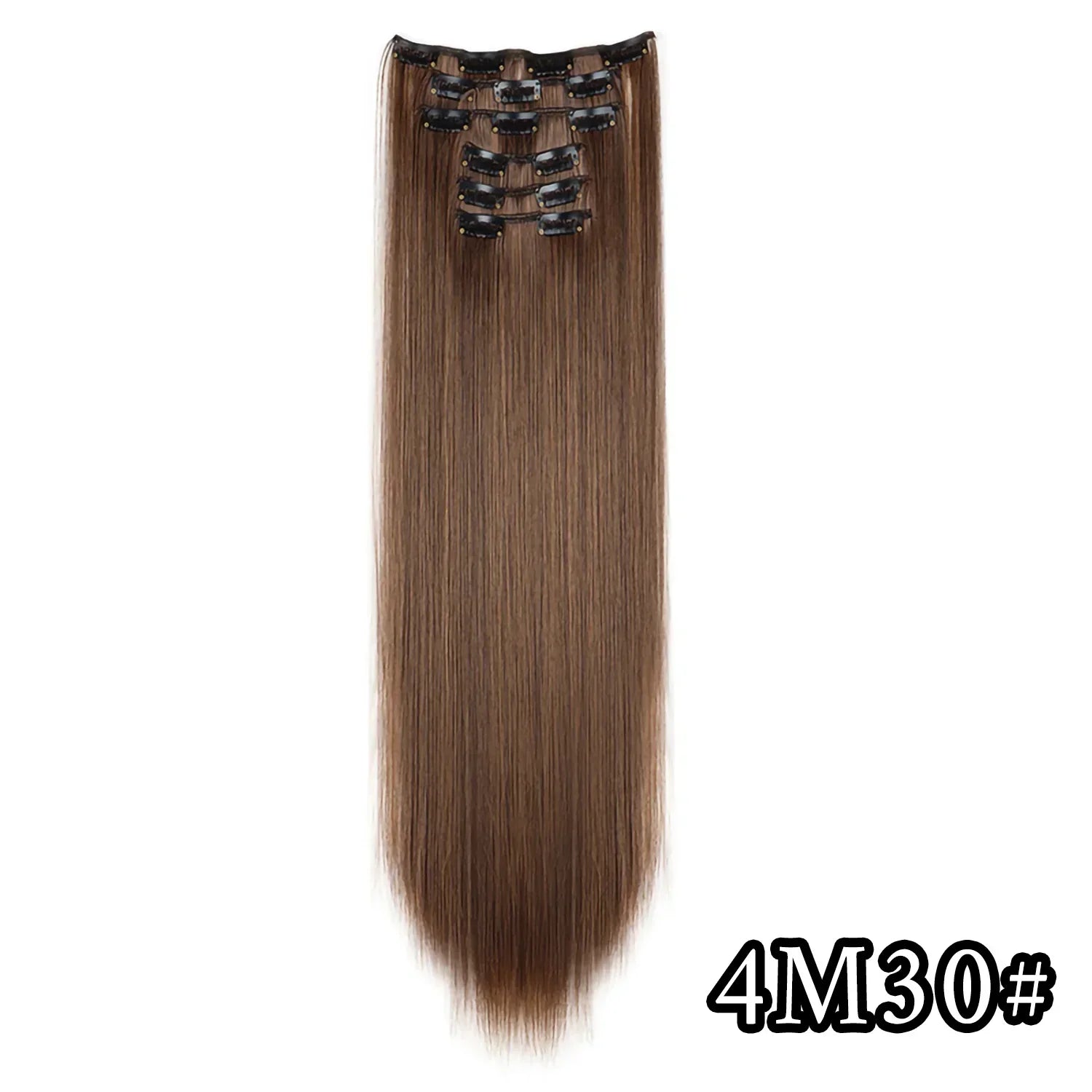 Straight synthetic hair extension, medium brown with black clip-in combs