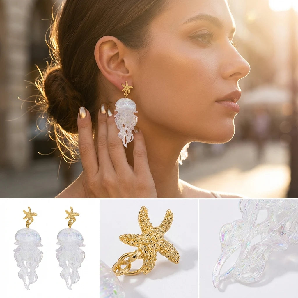 Jellyfish drop earrings with gold starfish tops and clear translucent jelly charms.