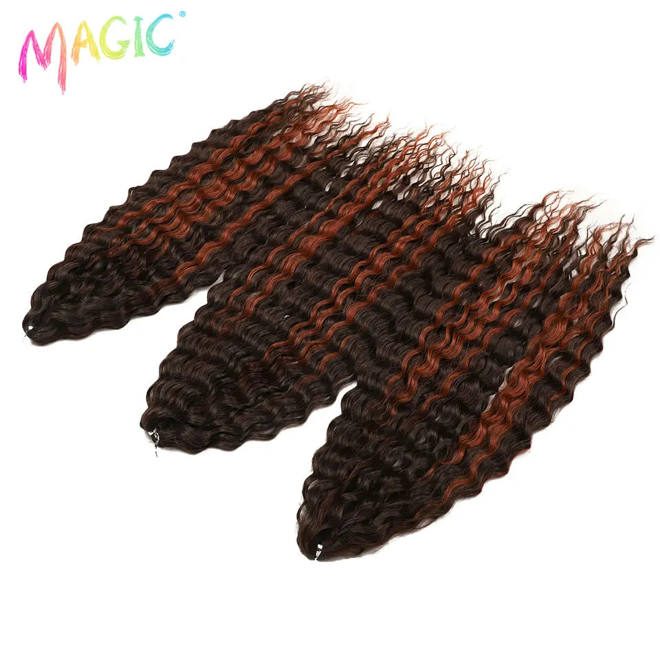 Synthetic ombre crochet braids with curly water-wave texture, dark brown and copper