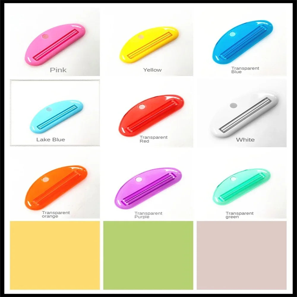 Toothpaste tube squeezer dispenser color options shown in multiple transparent colors