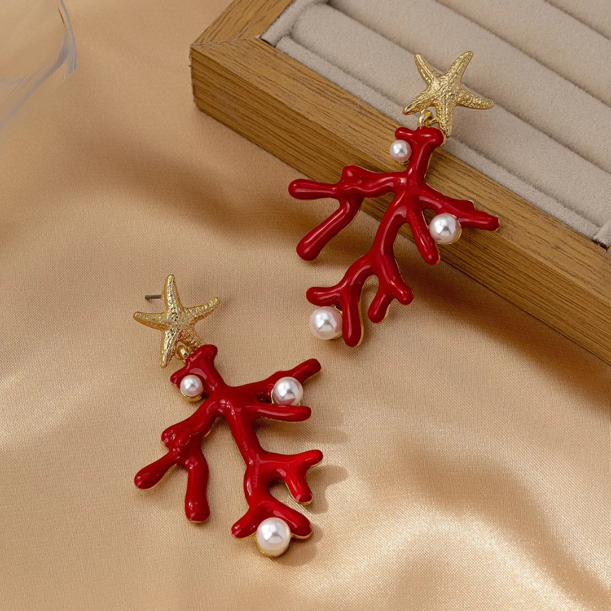Coral and starfish earrings, red coral with gold starfish accents and white pearl-like beads