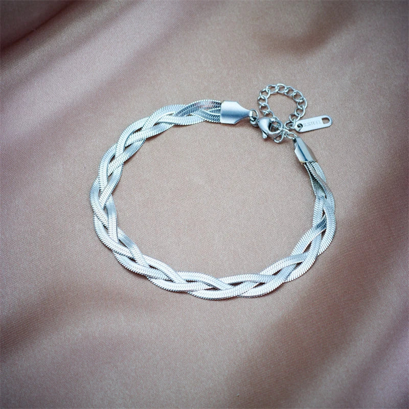 Silver-toned snake chain necklace and bracelet set with toggle clasp and charm links