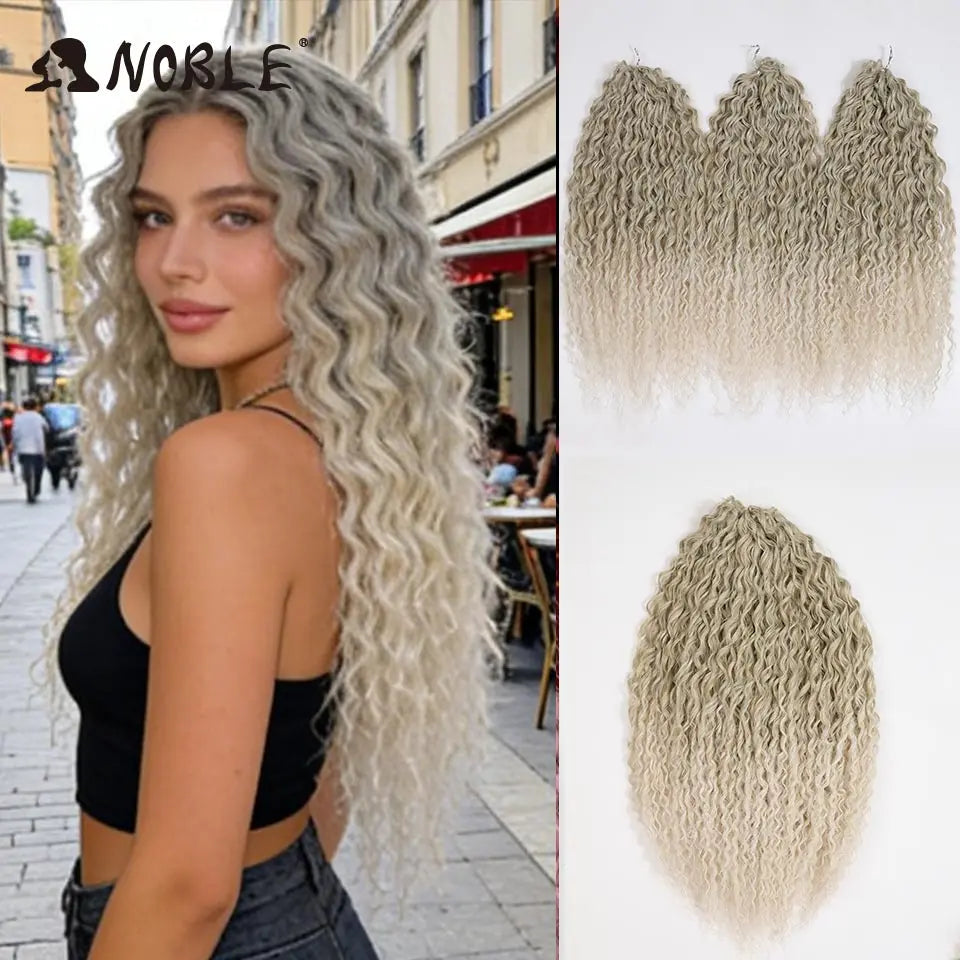 Model wearing synthetic crochet braids with water-wave curls in gray ombre