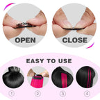 Clip-in hair highlight clip mechanism shown open and closed on hair strands