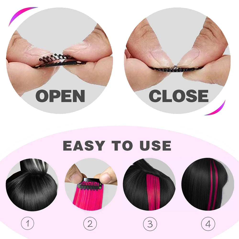 Clip-in hair highlight clip mechanism shown open and closed on hair strands