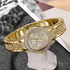 Gold rhinestone wrist watch side view with textured bezel and segmented metal bracelet