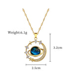 Gold-tone planet pendant necklace with blue gemstone center, star and halo zircon stones