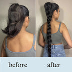 Braided ponytail extension in dark hair with one long twist braid and elastic base