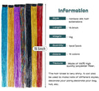 Hair tinsel extensions set with five strands in blue, pink, black, yellow, and red
