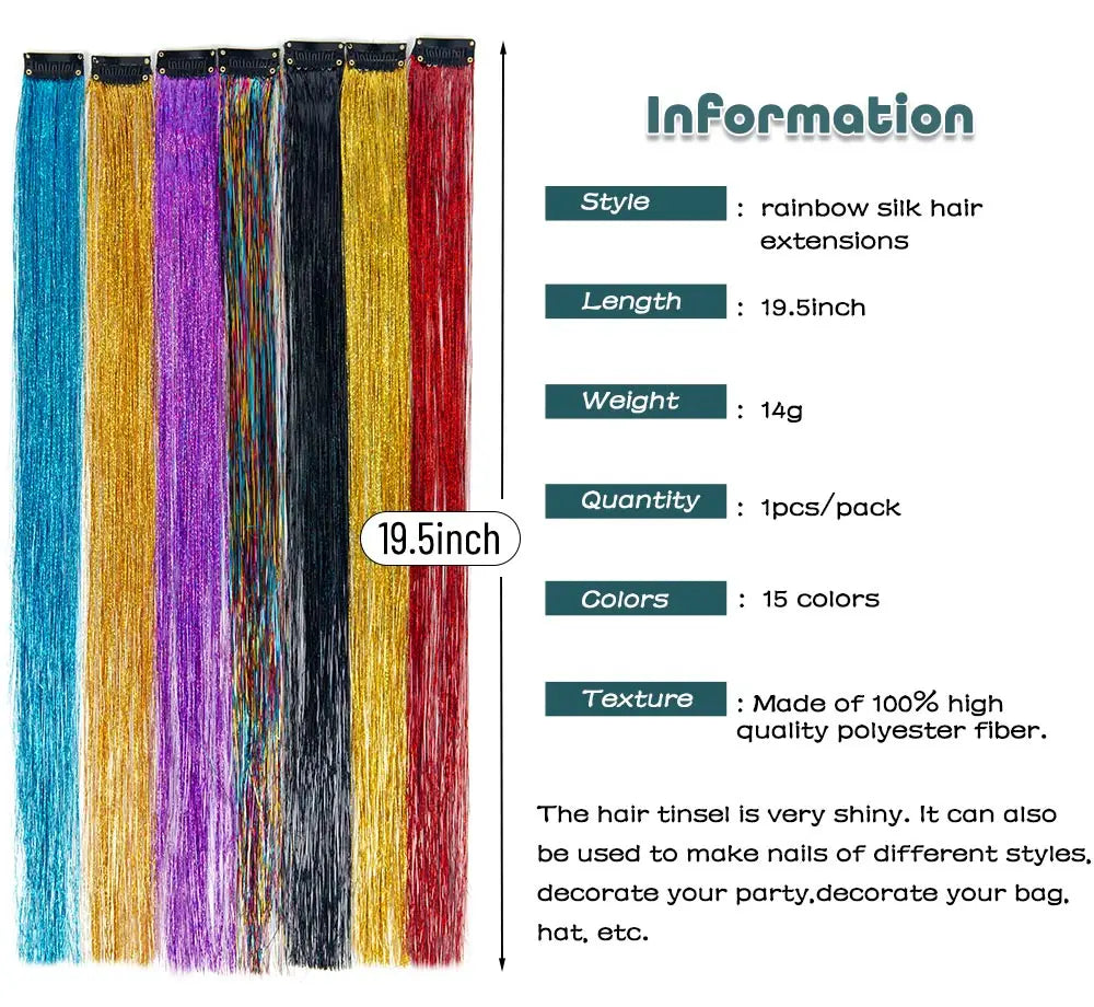 Hair tinsel extensions set with five strands in blue, pink, black, yellow, and red