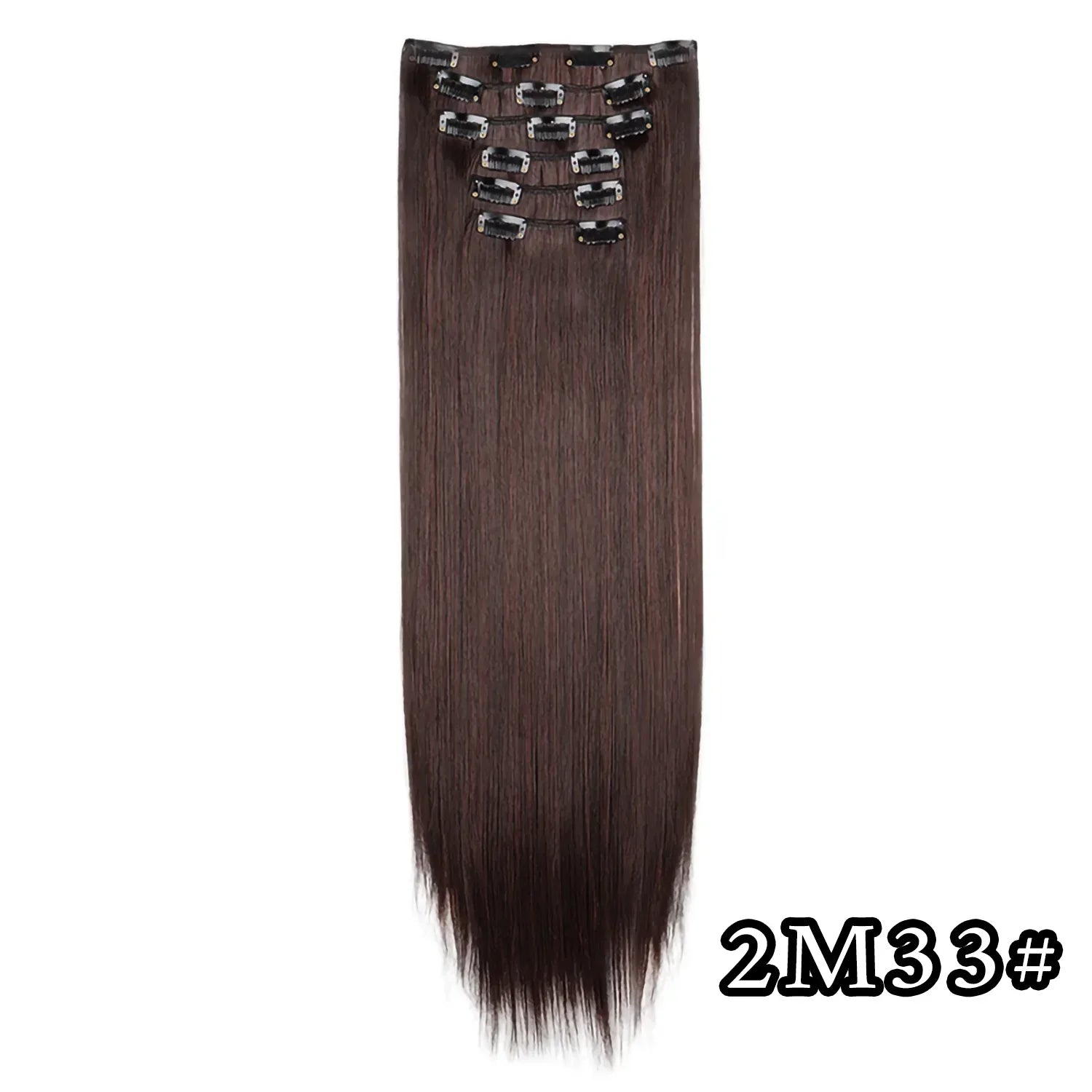 Dark brown straight clip-in hair extension with metal comb clips at the top