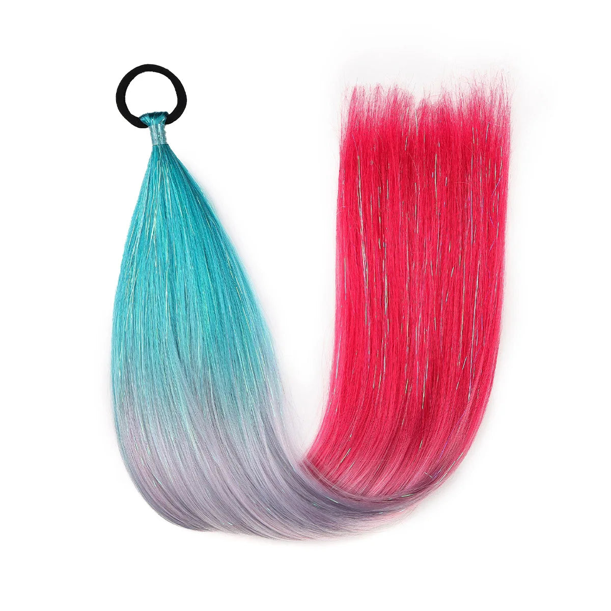 Ombre braid ponytail hair tinsel, synthetic; teal to red gradient with top loop