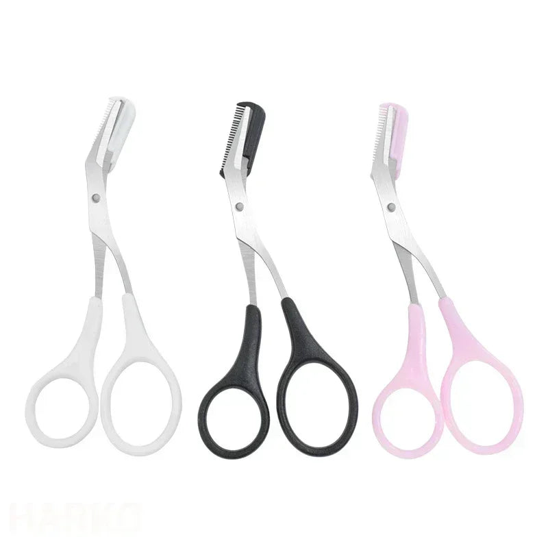 Eyebrow trimmer scissors with comb, assorted white, black, and pink handles