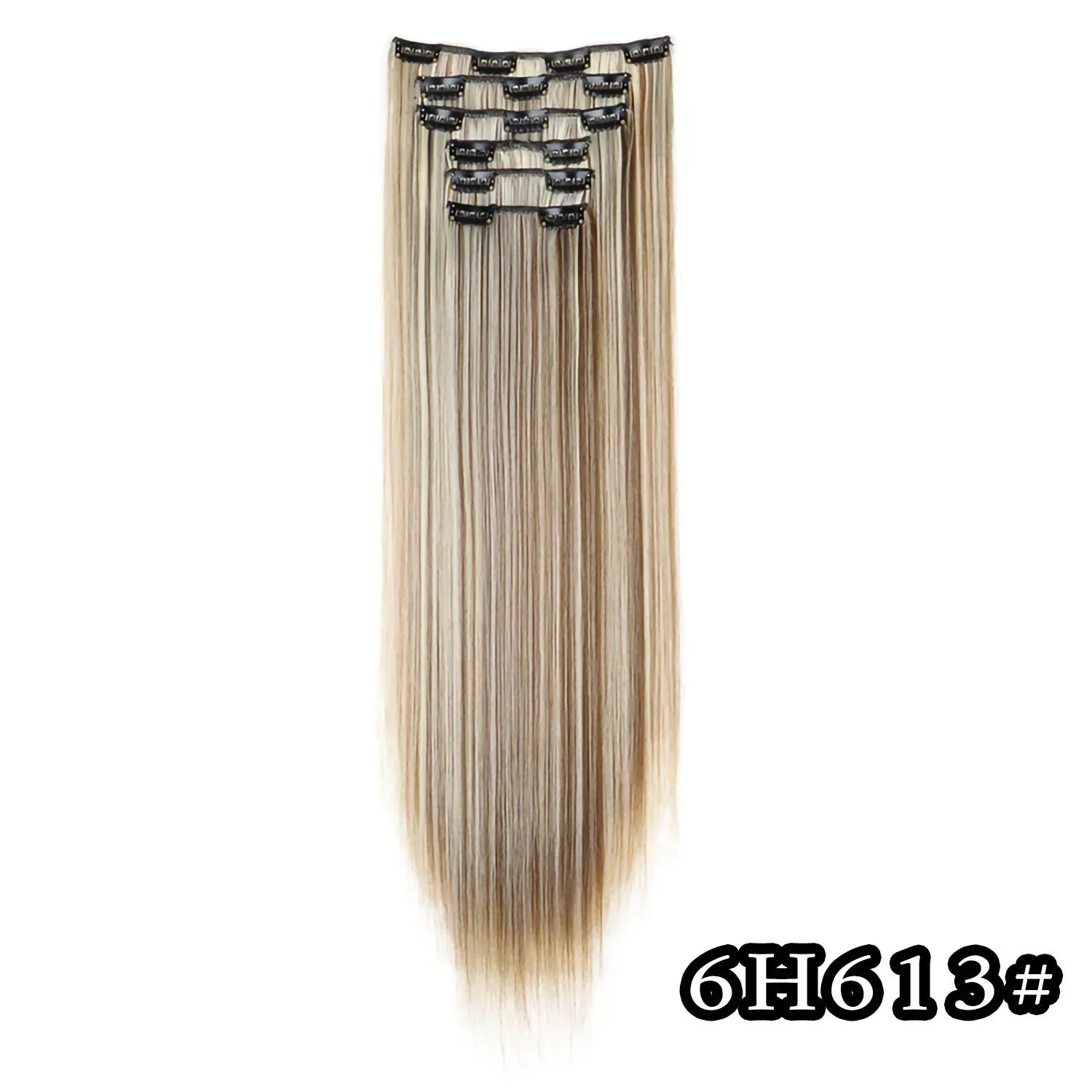 Platinum blonde straight clip-in hair extension with metal comb clips at the top