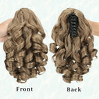 Claw clip ponytail extension with synthetic wavy curls, light blonde hair shown front/back