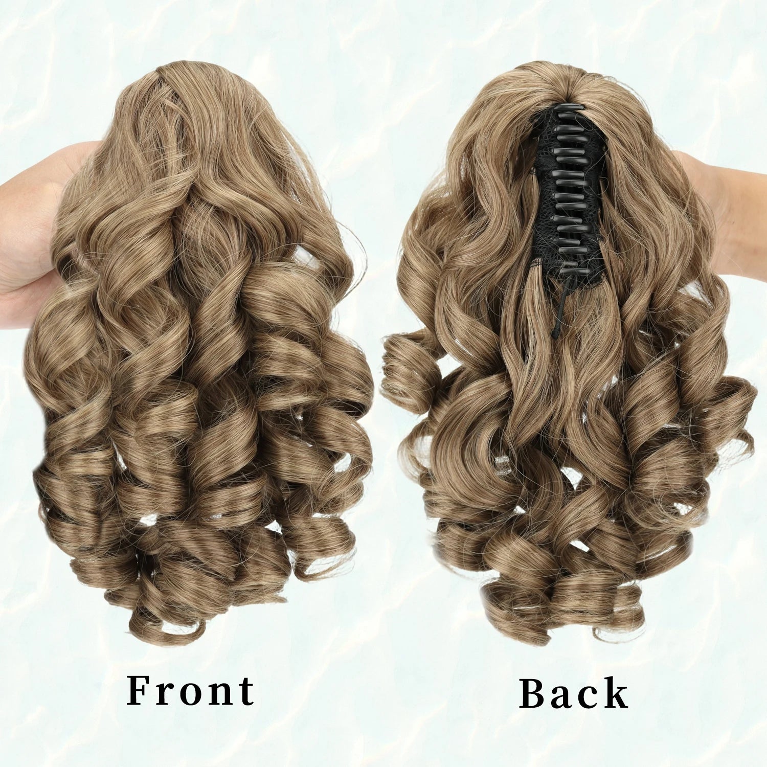 Claw clip ponytail extension with synthetic wavy curls, light blonde hair shown front/back