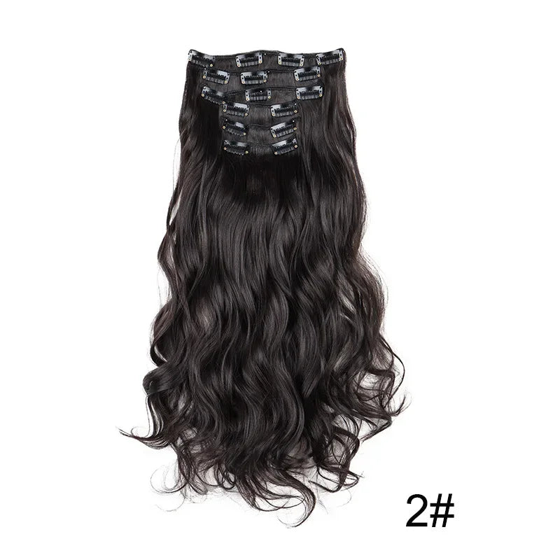 Full head clip-in hair extension, long wavy dark hair with snap clips