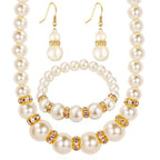 Pearl bridal set with pearl necklace, pearl bracelet, and dangling pearl earrings