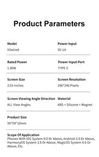 Mini magnetic selfie monitor screen spec chart with size, power, and resolution