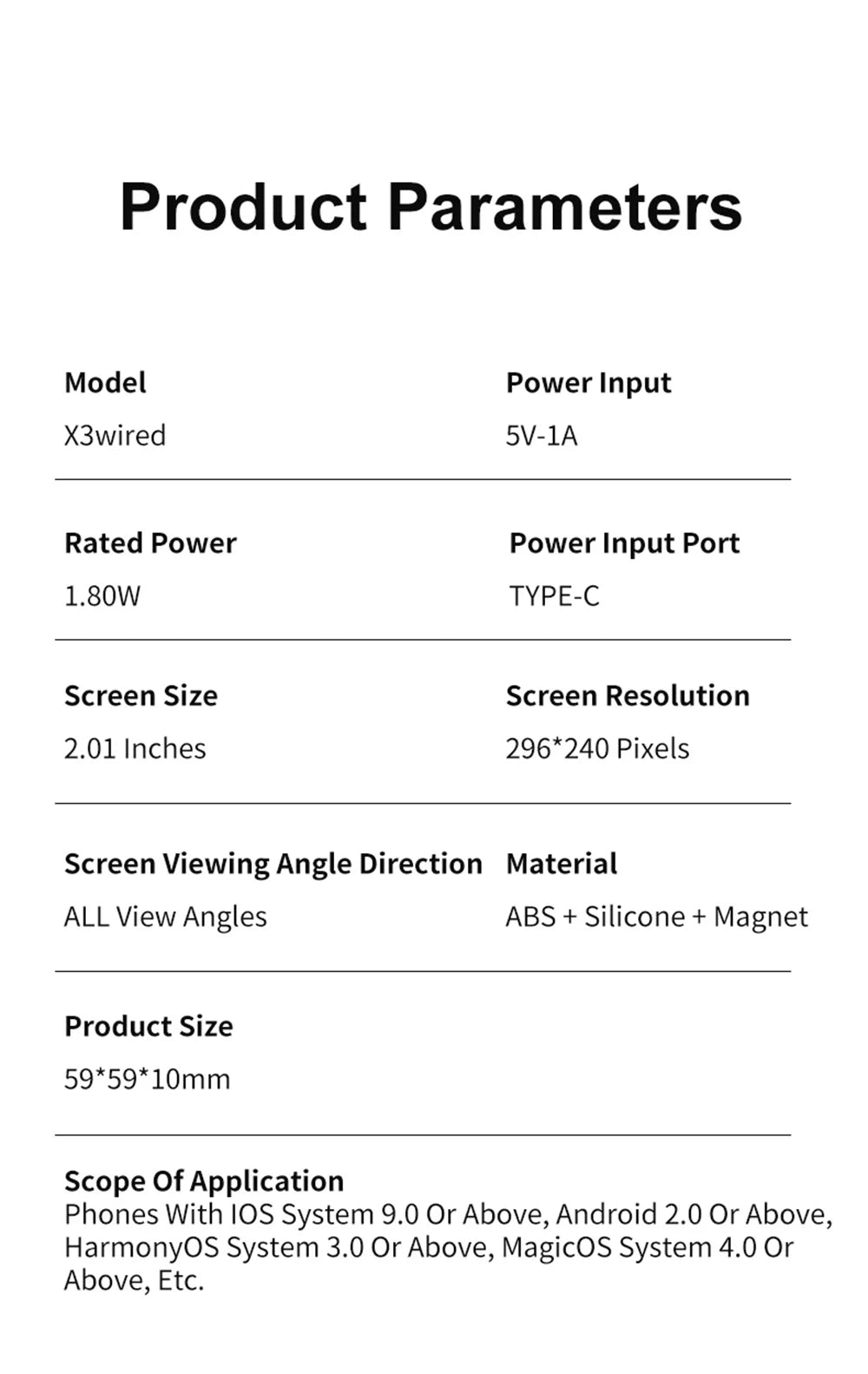 Mini magnetic selfie monitor screen spec chart with size, power, and resolution