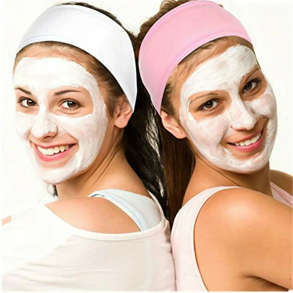 Yoga face wash headband, white and pink headbands on masked faces for skincare