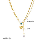 Gold lariat necklace with blue charm, heart pendant, and pearl drop, 42+5cm/1.5cm