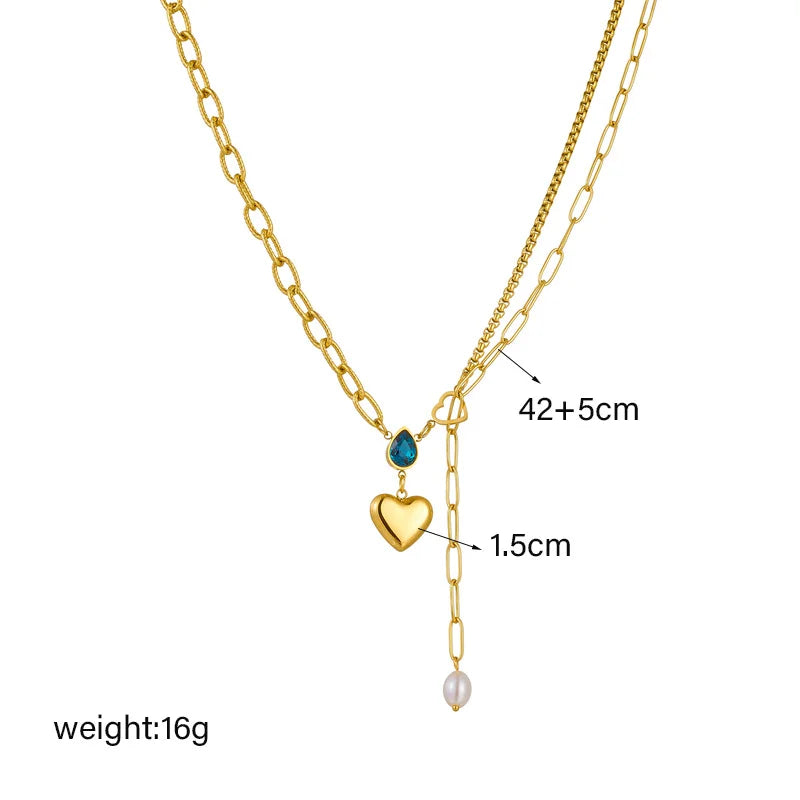 Gold lariat necklace with blue charm, heart pendant, and pearl drop, 42+5cm/1.5cm