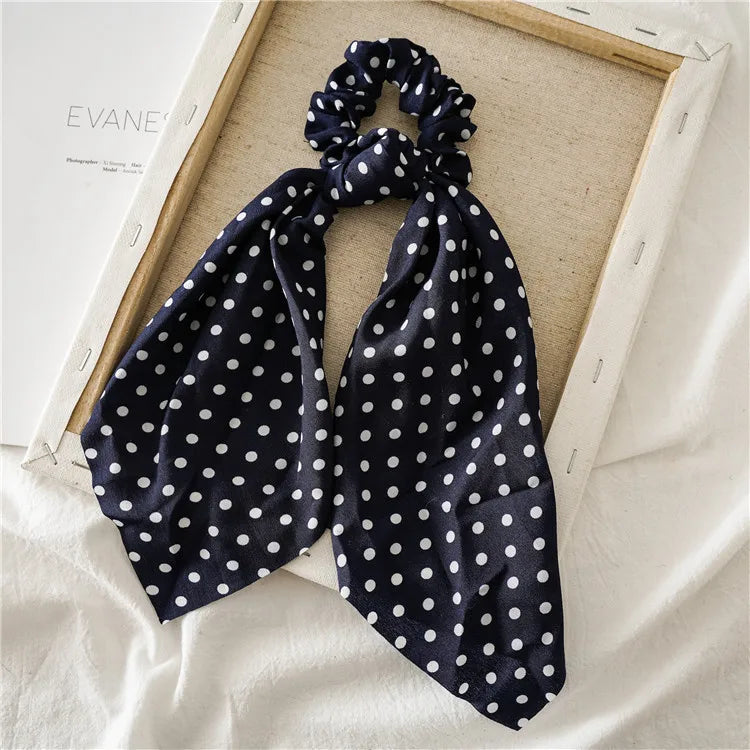 Navy chiffon ribbon scrunchie scarf with white polka dots