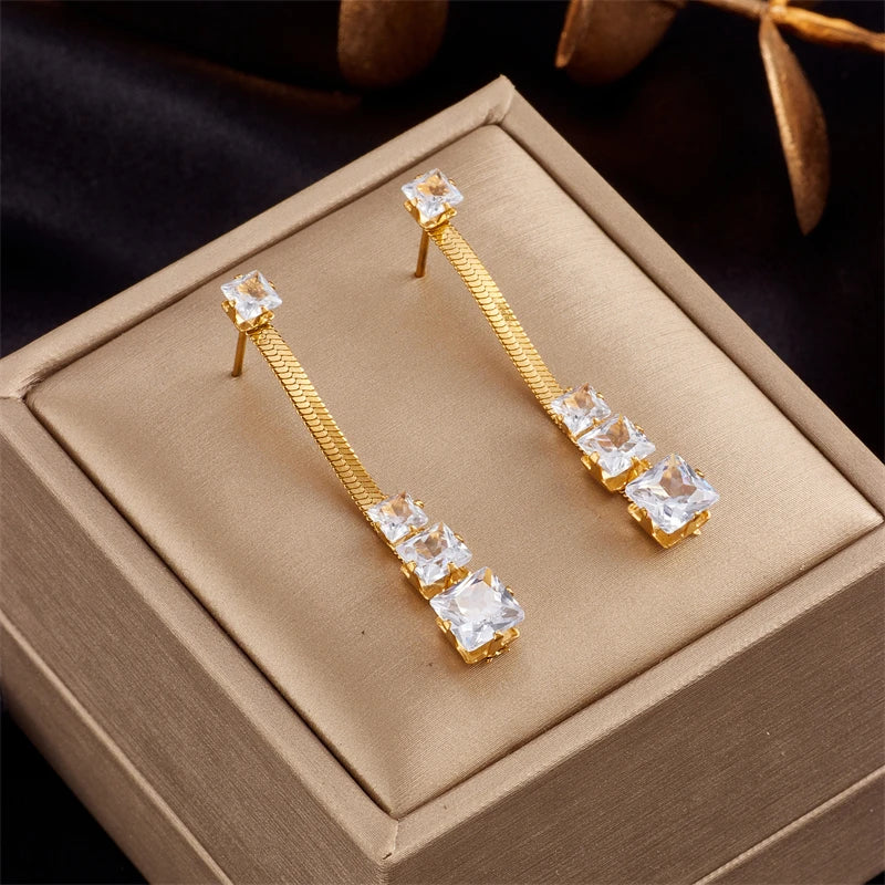 Gold-tone crystal drop earrings with rectangular stone bars