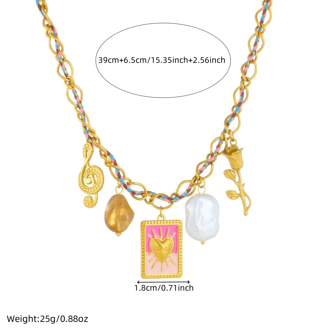 Multi-pendant necklace: rainbow chain with pink heart pendant, white pearl, amber drop, gold charms