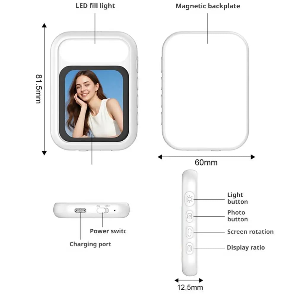 2.01" HD Selfie Monitor with Dual LED Fill Light Magnetic Attachment  Rear-Camera Selfie Assistant 48MP Clarity ﻿