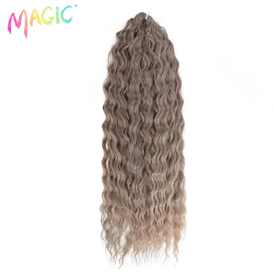 Synthetic crochet braids with long water-wave curls, taupe-brown color