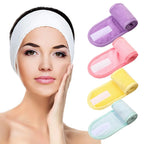 Yoga face wash headband set: white headband on model, plus purple, pink, yellow, blue bands