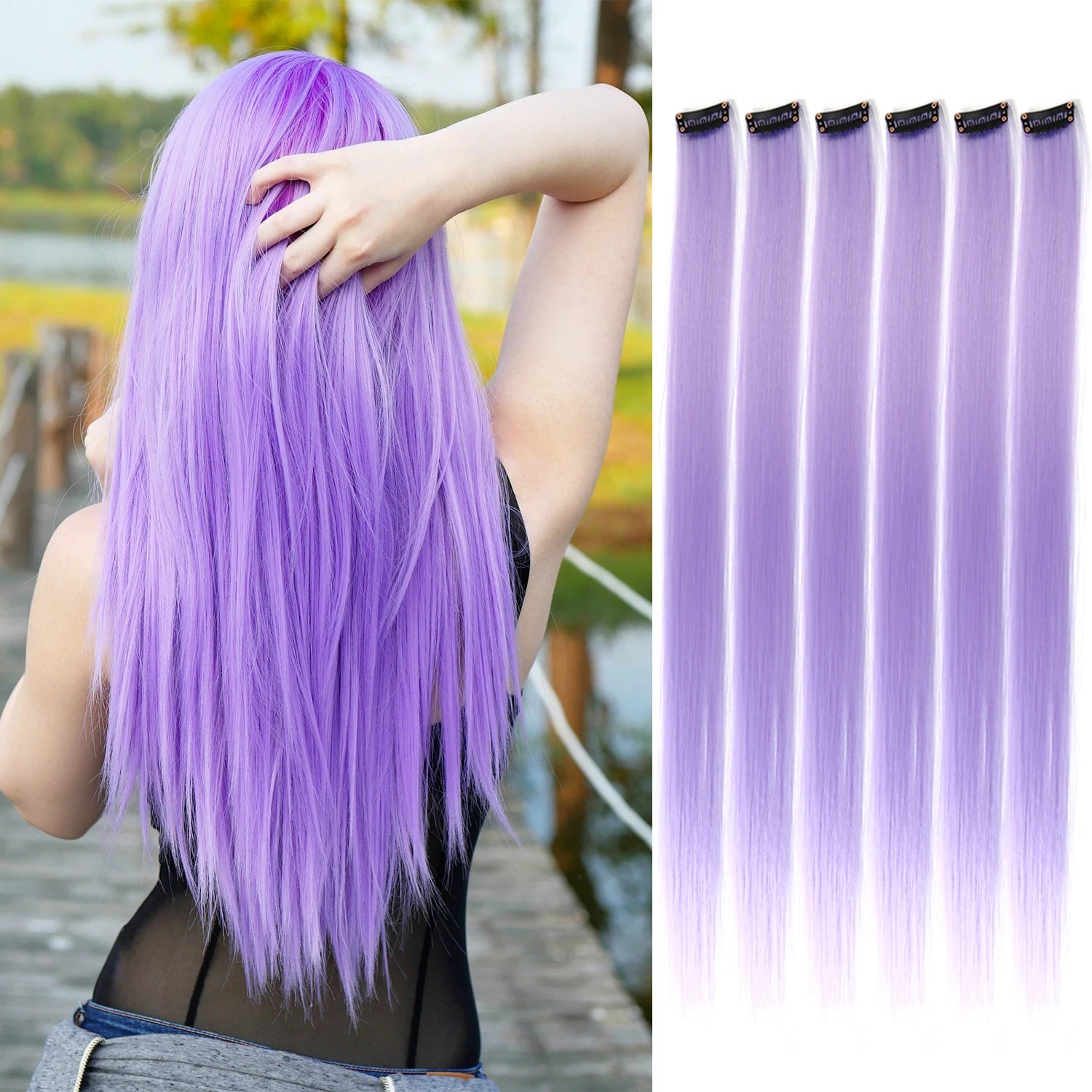 Synthetic clip-in hair highlights, 22-inch purple straight strands with clip attachments.