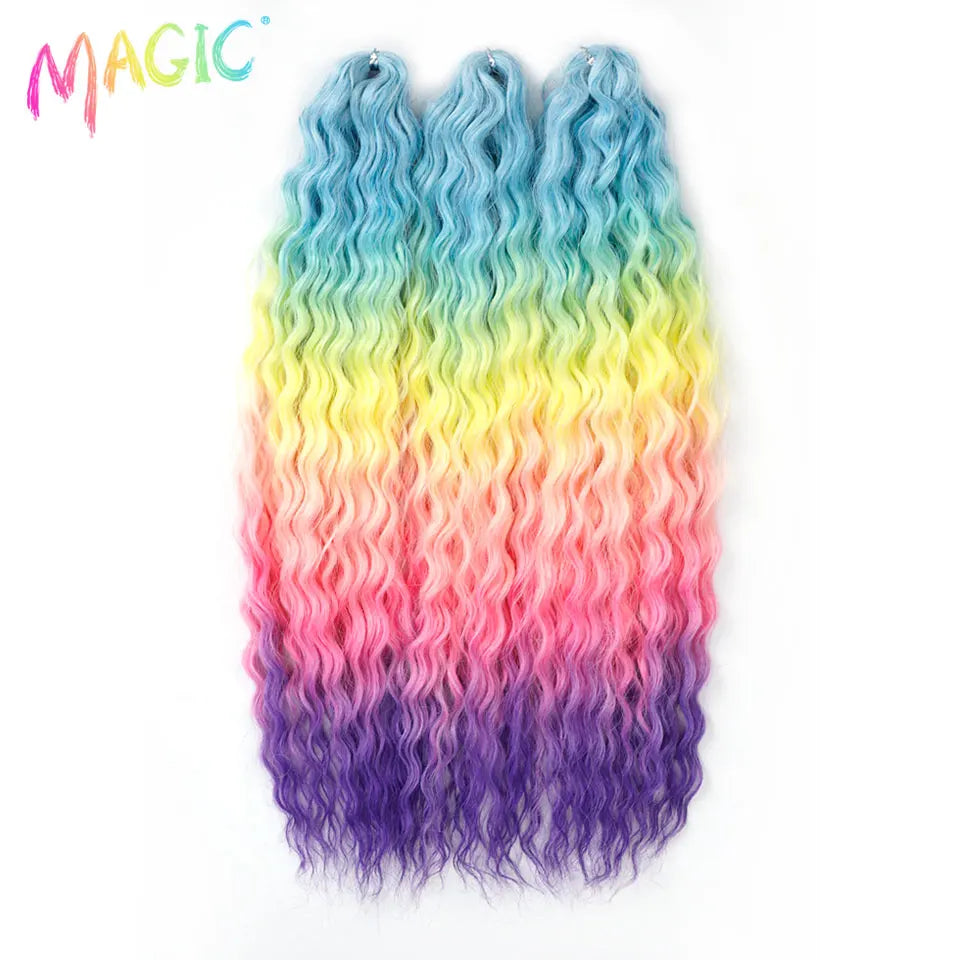 Synthetic crochet braids hairpiece, wavy ombre blue-green-pink-purple