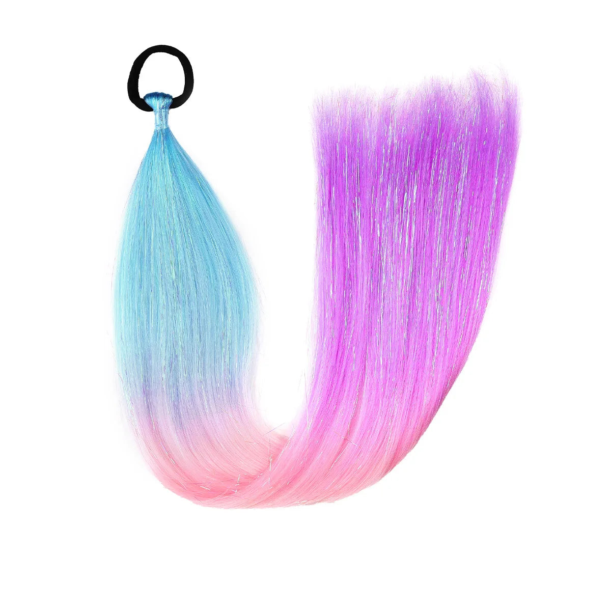 Synthetic ombre braid ponytail hair tinsel with blue, purple, and pink ombre strands
