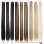 Collection of synthetic straight tape-in hair extensions with blue tape tabs in multiple shades