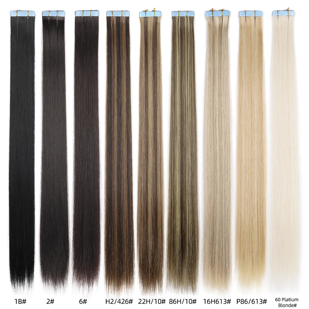 Collection of synthetic straight tape-in hair extensions with blue tape tabs in multiple shades