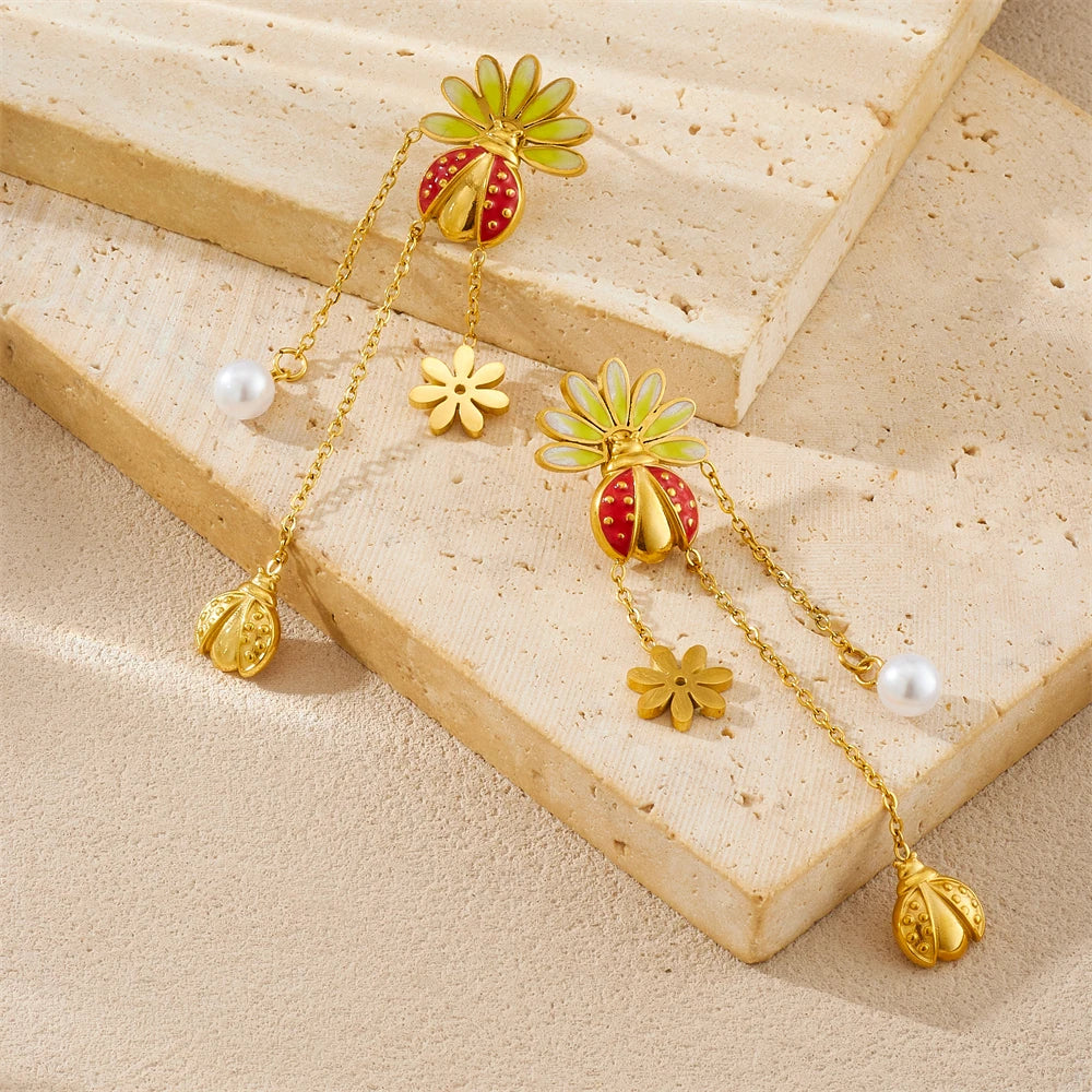 Beetle Flower Pearl Stud Earrings — 316L Stainless Steel