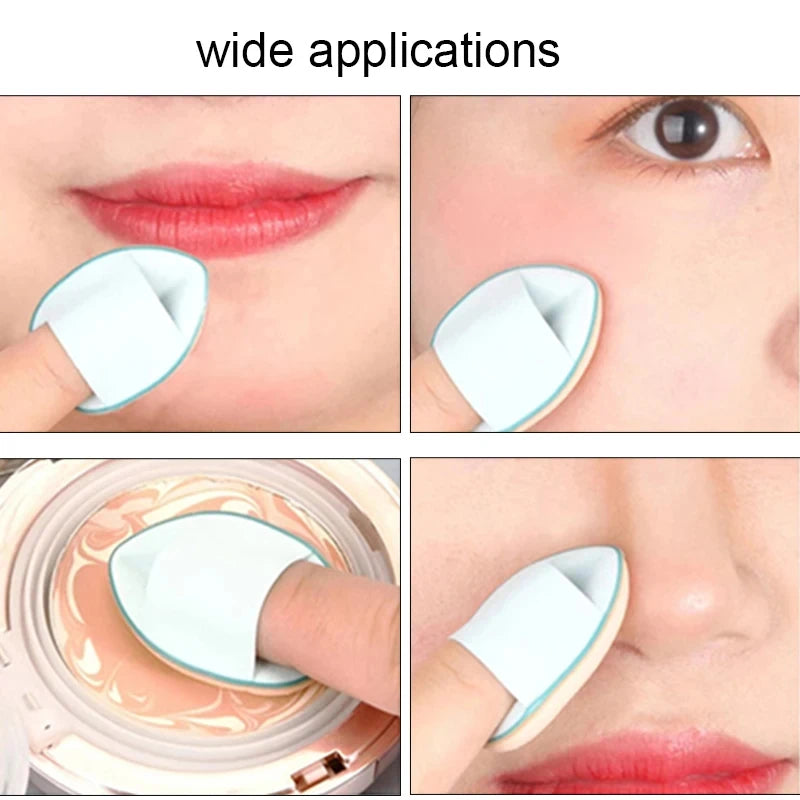 Light blue teardrop finger puff sponge dabbing on lips for makeup application.