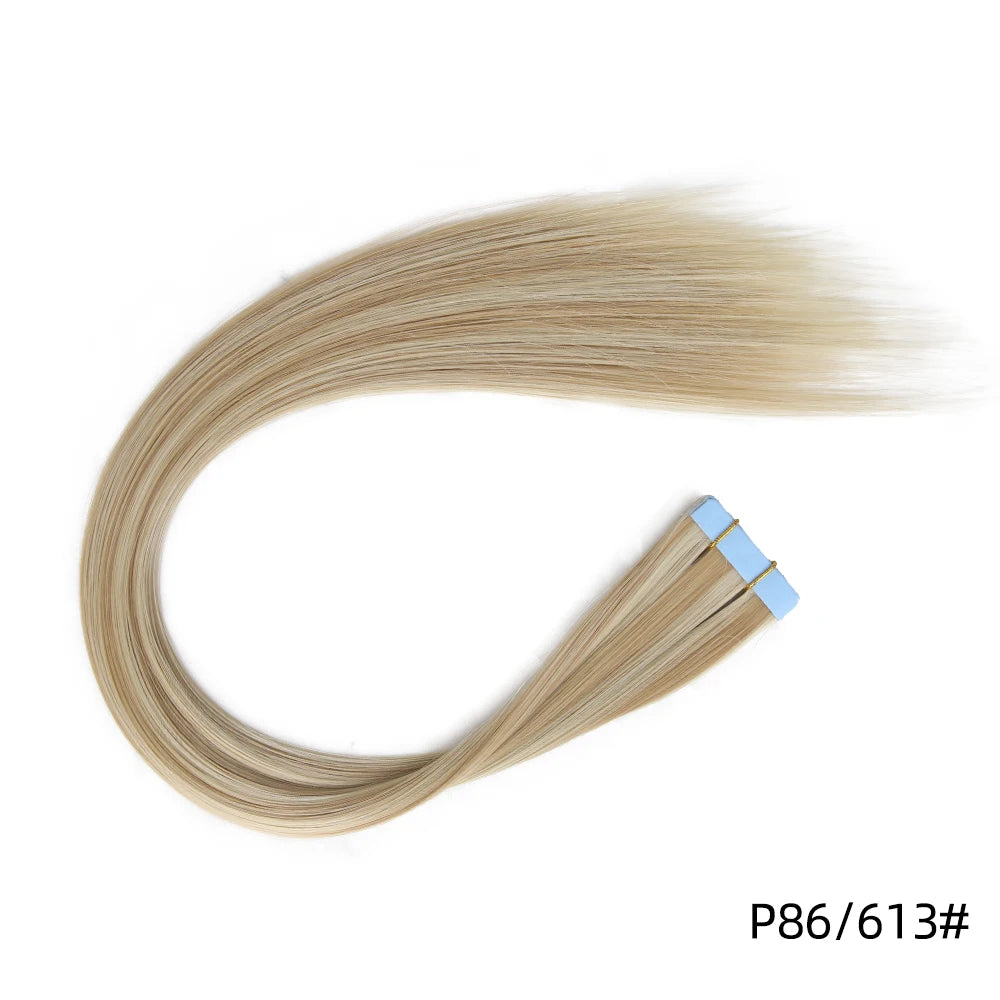 Synthetic straight tape-in hair extension strand with blue tape ends, color P86/613#