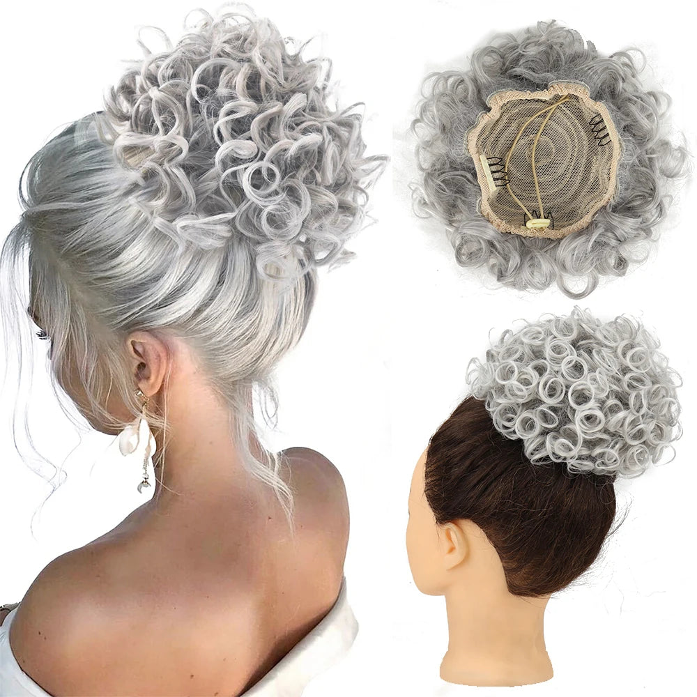 Drawstring messy bun hair piece, synthetic curly in cool silver-gray