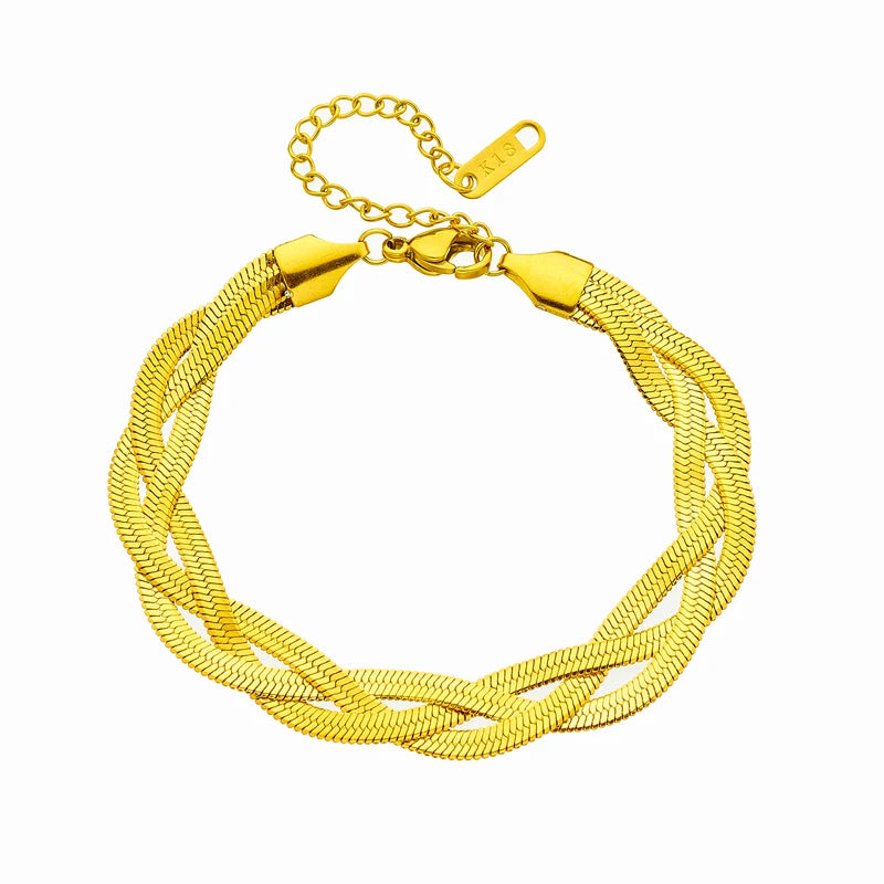 Gold snake chain necklace and bracelet set with toggle clasp and interlinked chain