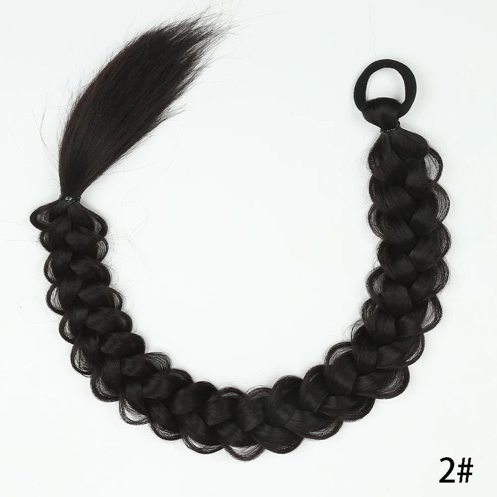Black braided ponytail extension, synthetic twist strands with looped top tie.