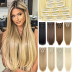 Long straight synthetic hair extension worn in light blonde, with clip-in color swatches