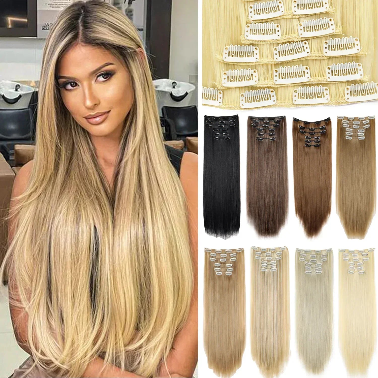 Long straight synthetic hair extension worn in light blonde, with clip-in color swatches