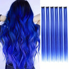 Blue clip-in hair highlight strands, 22-inch synthetic extensions with layered waves