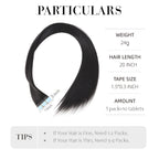 Black synthetic straight tape-in hair extension bundle with blue tape tabs, 20 inch