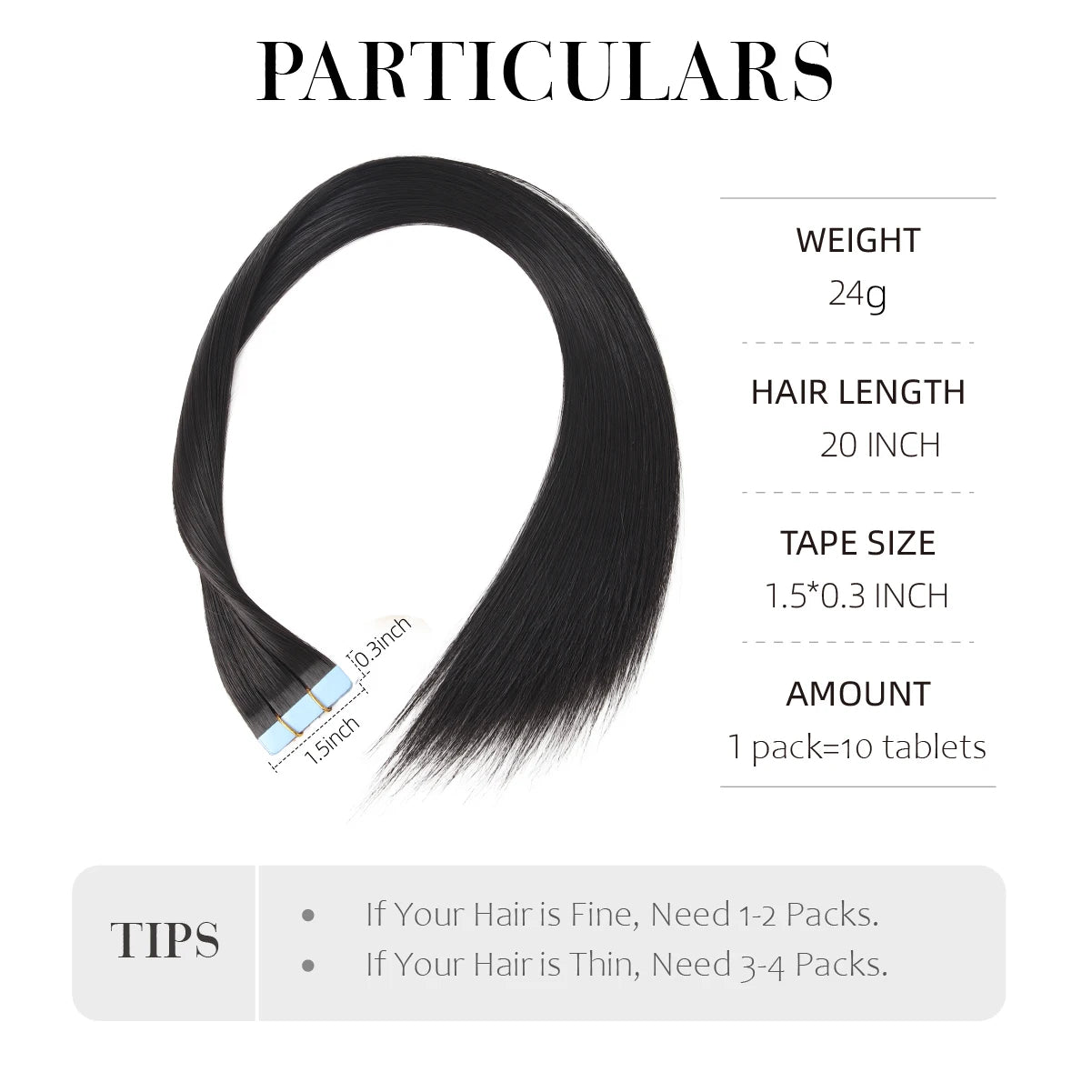 Black synthetic straight tape-in hair extension bundle with blue tape tabs, 20 inch